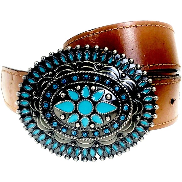 Unbranded Accessories - Faux Turquoise Buckle Leather Belt S M Women Concho Silver Brown Western 26-32